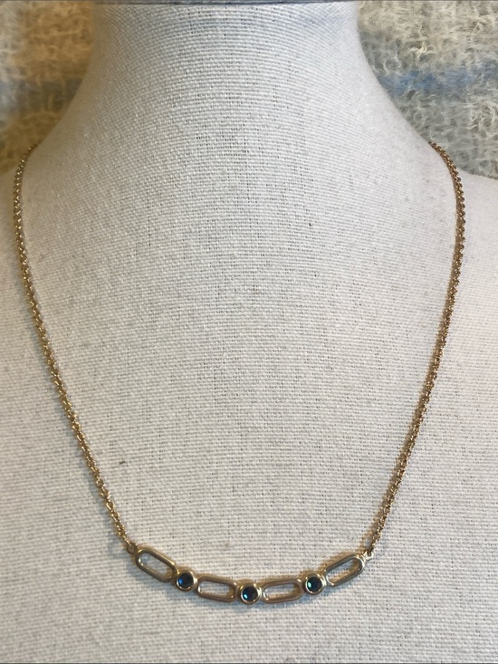 Jewelry - Vintage Avon Gold Tone Blue Crystal Bar Necklace 17” Minimalist